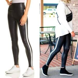Spanx Tuxedo Stripe Faux Leather High Rise Black Ankle Leggings Size XL